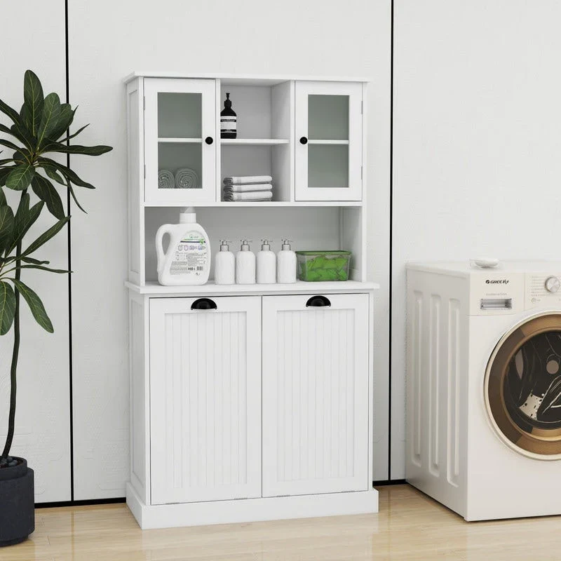 Two-Compartment Tilt-Out Dirty Laundry Basket Tall Bathroom Cabinet