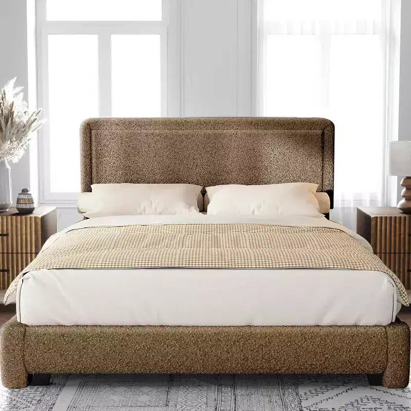Dyonery Boucle Bed Frame,Black Upholstered Teddy Fabric Bed Frame with Headboard,No Box Spring Required, Adjustable Headboard, Easy Assembly