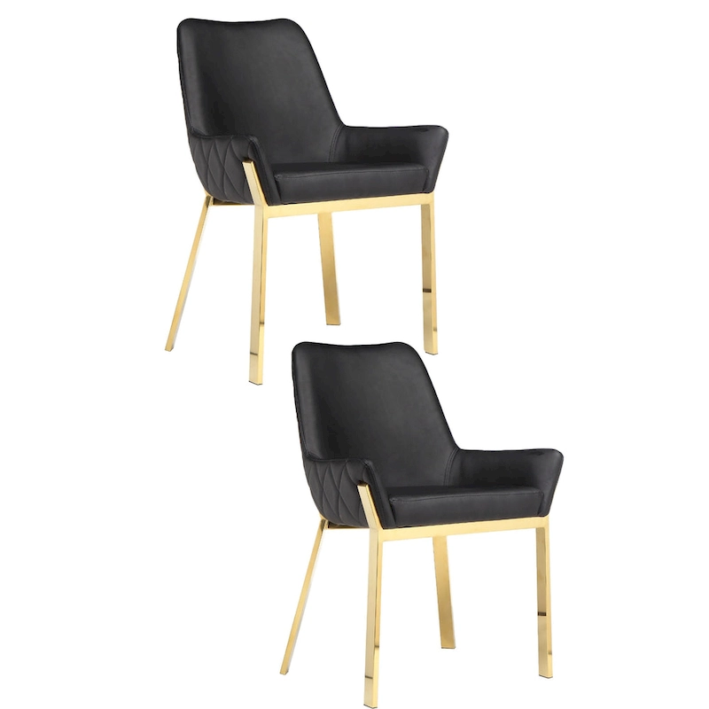 Fuma 23 Inch Dining Accent Chair Set of 2, Tufted, Black Faux Leather, Gold