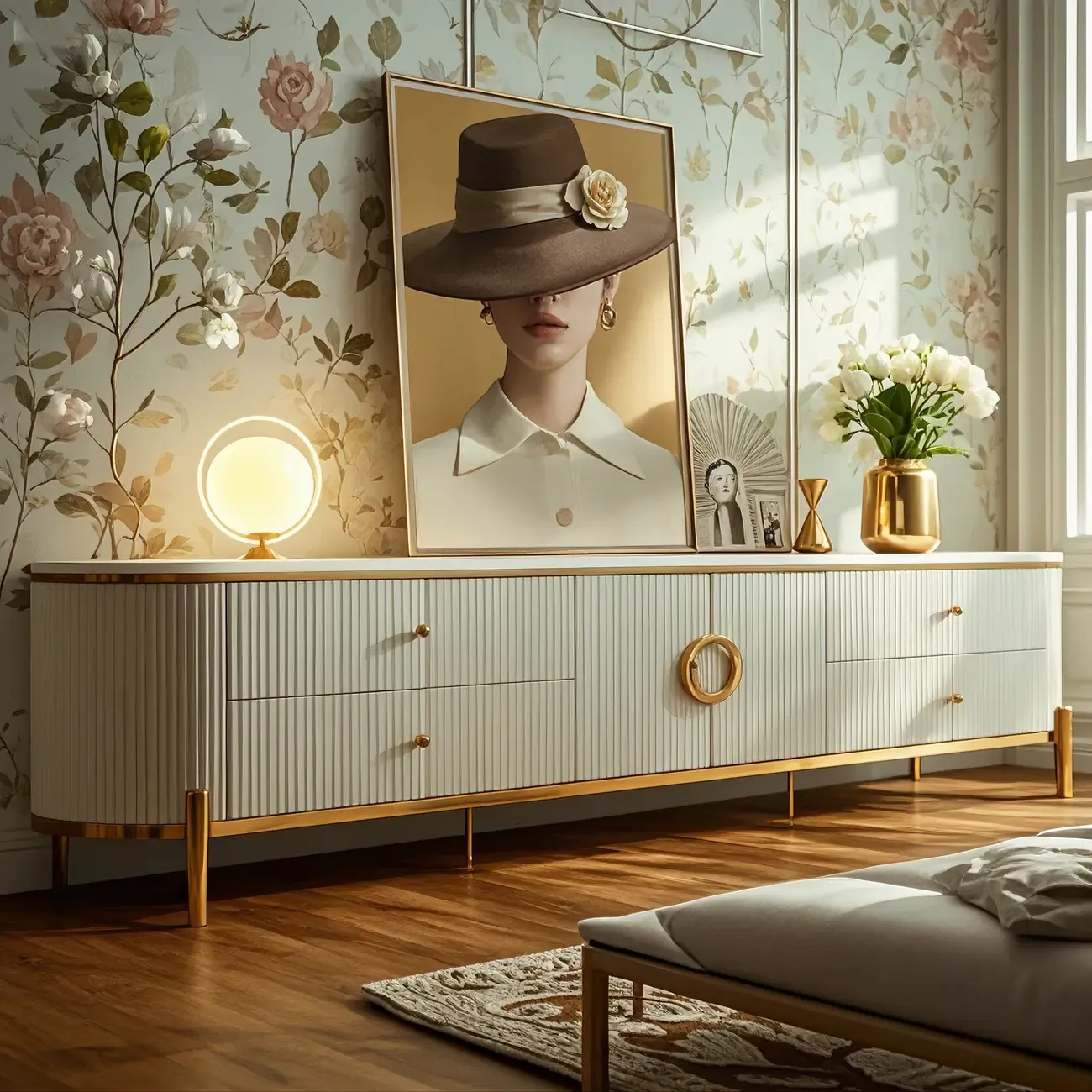 Glam White Stone TV Stand with Drawers and Legs for Home