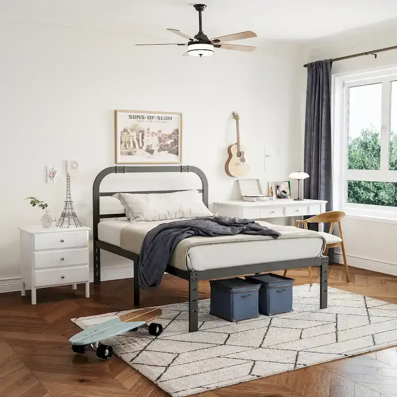 Black Metal Bed Frame with Headboard, 14