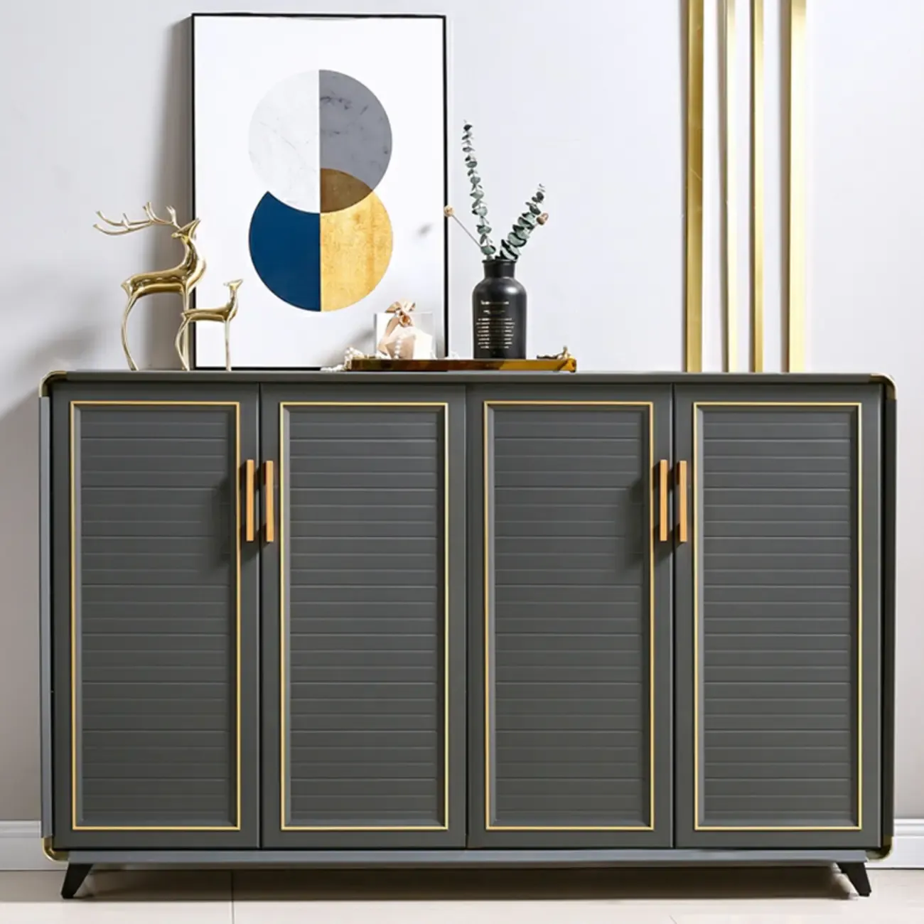 Luxury Grey Metal Entryway Shoe Cabinet with Gold Trim