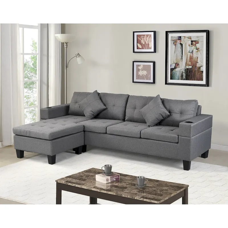 Modern Sectional Sofa Set with Cup Holders and Plush Cushions