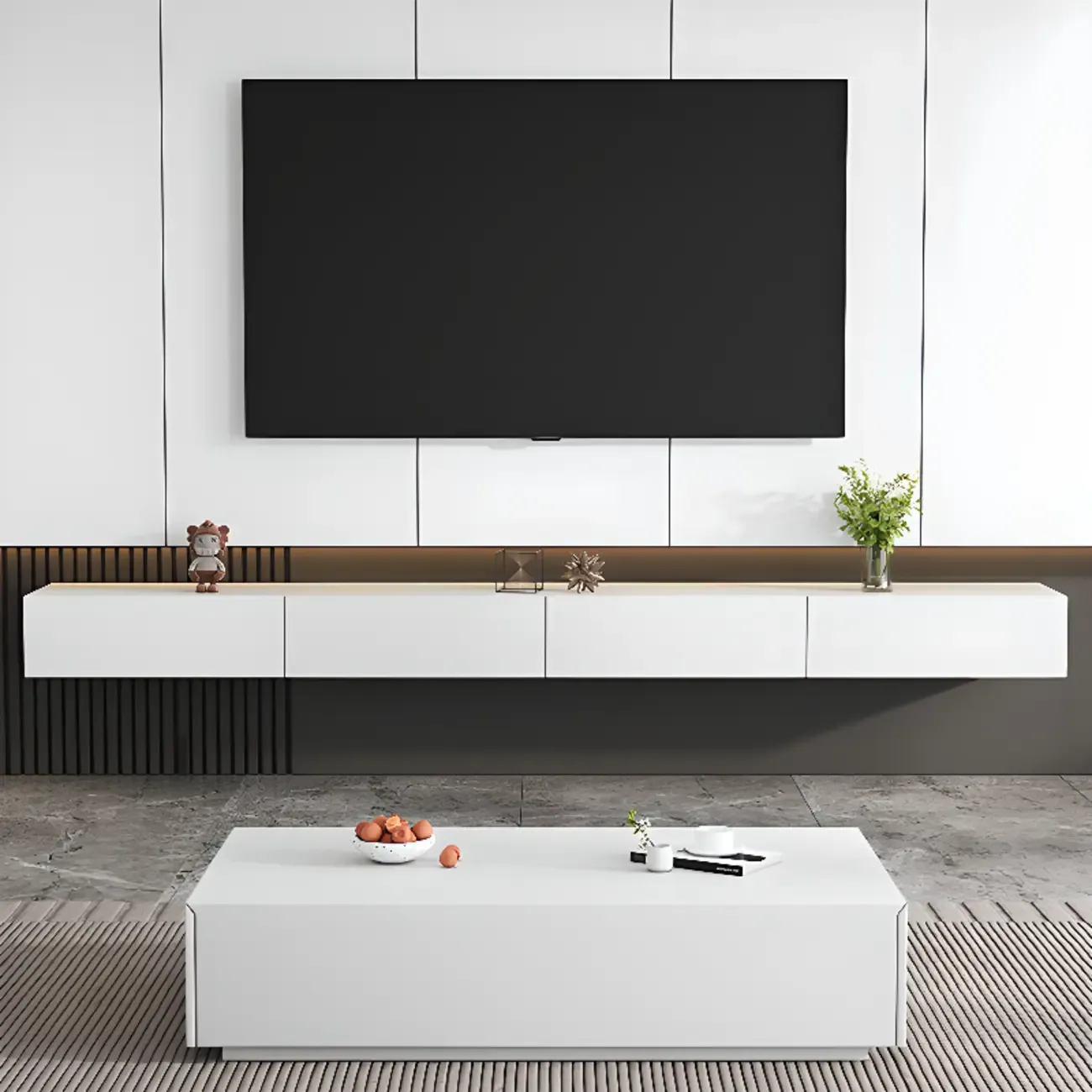 71 White Rectangle Wooden Floating TV Stand with Storage