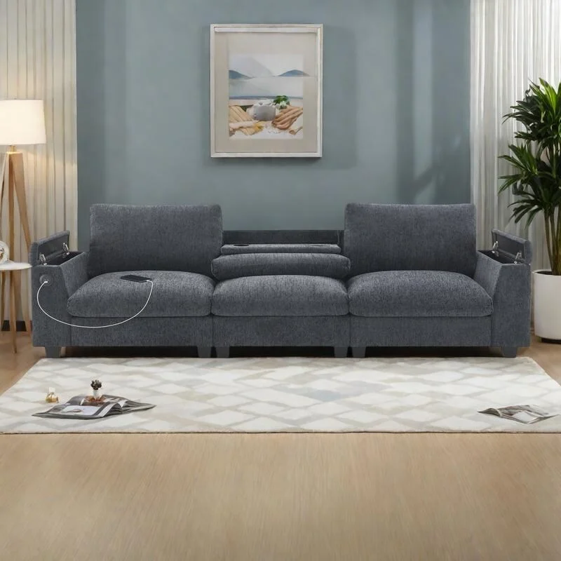 96 Chenille Smart Sectional Sofa with Bluetooth Speaker, Drop-Down Table & USB Charger and 3-Seater Cloud Couch