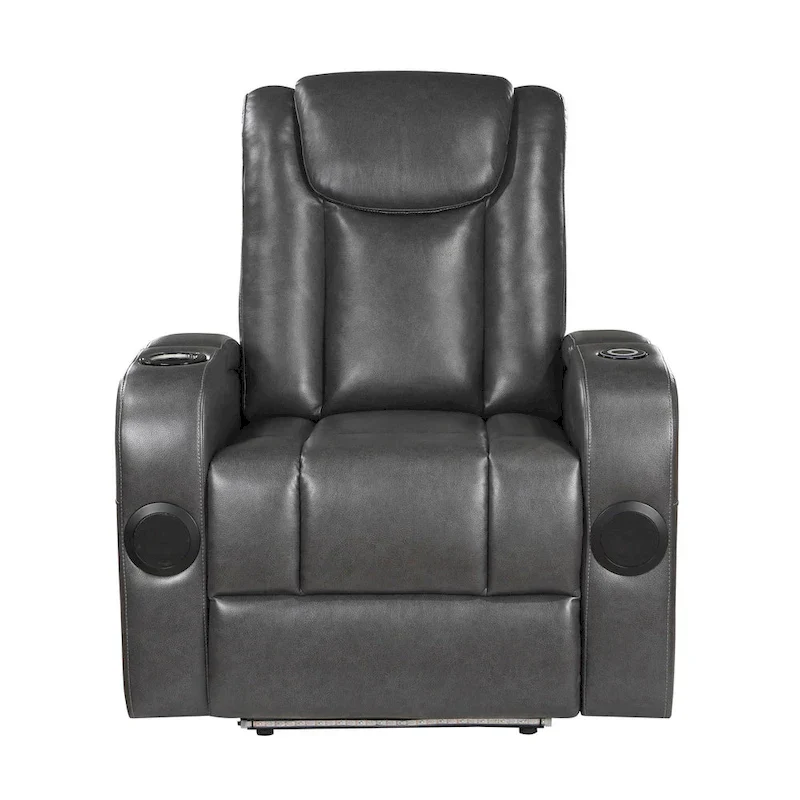 Emily 38 Inch Power Recliner Chair, Cooling Cupholder, LED, Gray PU Leather