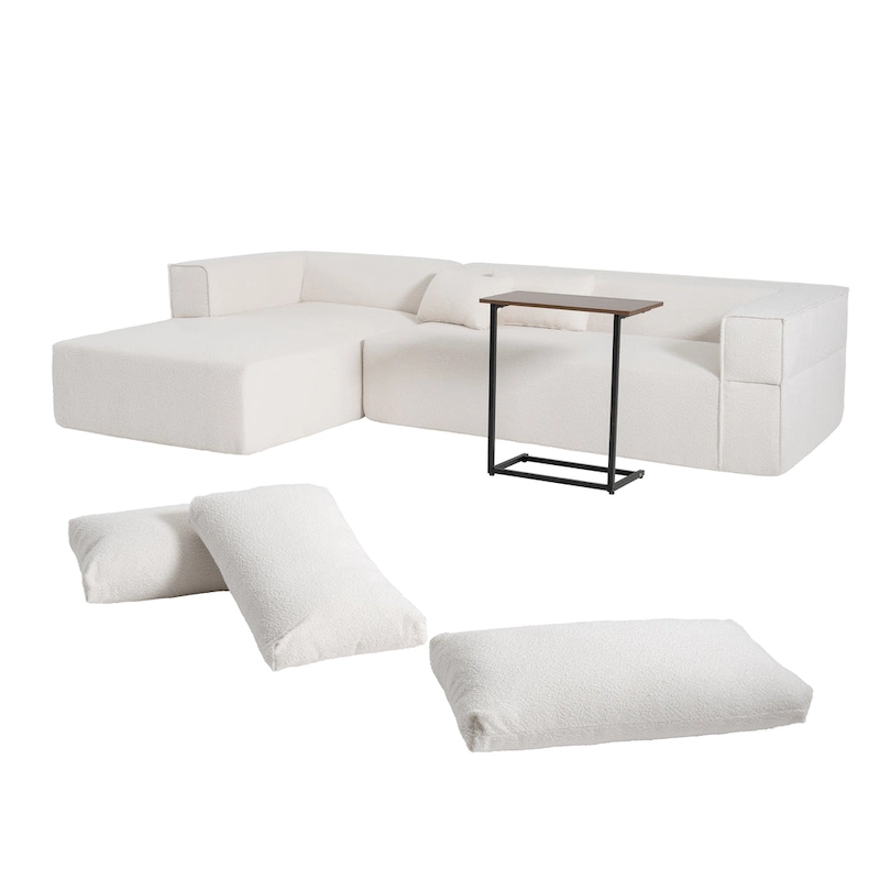 112 Boucle Modular Sectional Sofa with Free Side Table, Wide Seat Design and No Assembly Required