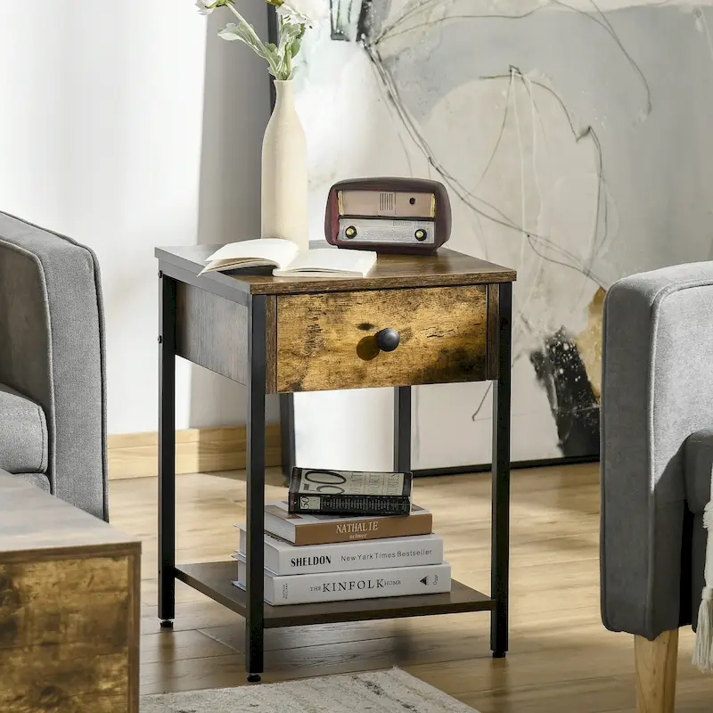 HOMCOM Industrial Side Table with Storage Shelf, Accent Table with Drawer for Living Room, or Bedroom, Rustic Brown