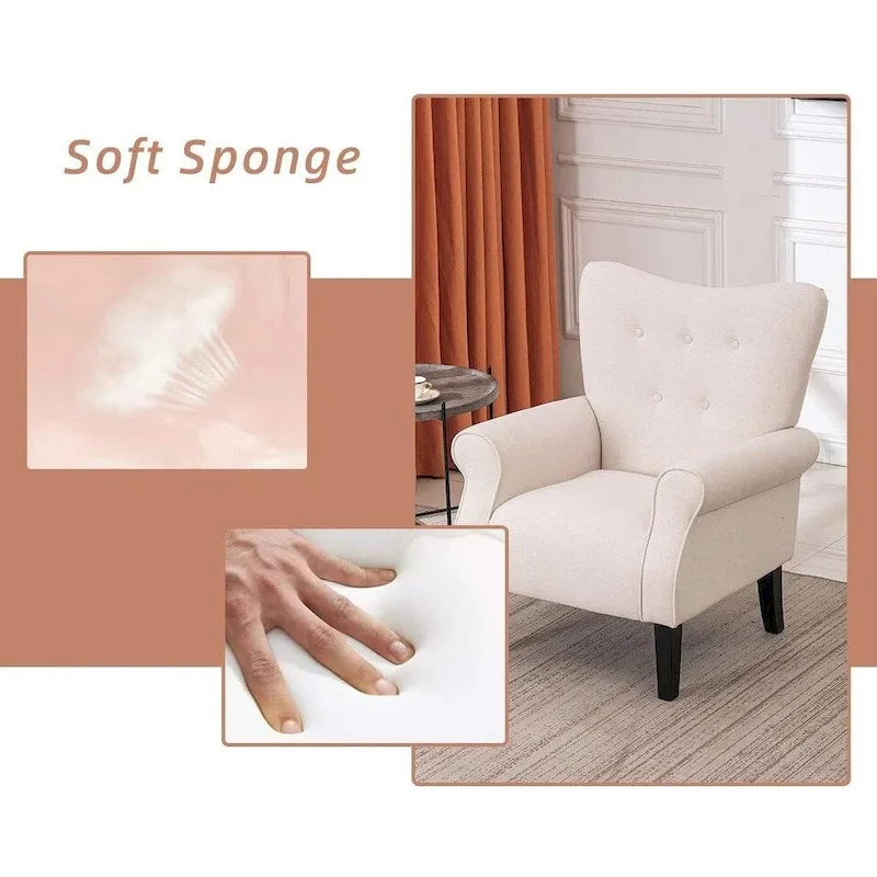EROMMY Wingback Accent Chair, High-Back Upholstered Fabric Chair with Wooden Legs, Off-White