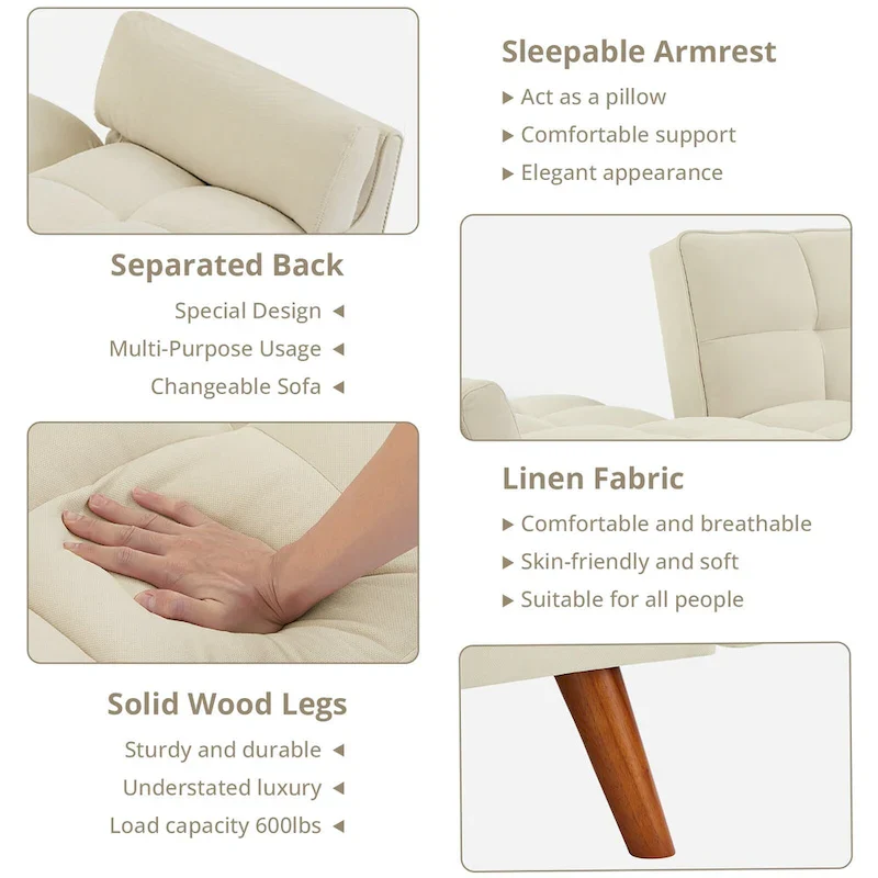 Futon Sofa Bed, Convertible Folding Futon Couch Recliner Lounge For Living Room With 2 Pillow/Armrest