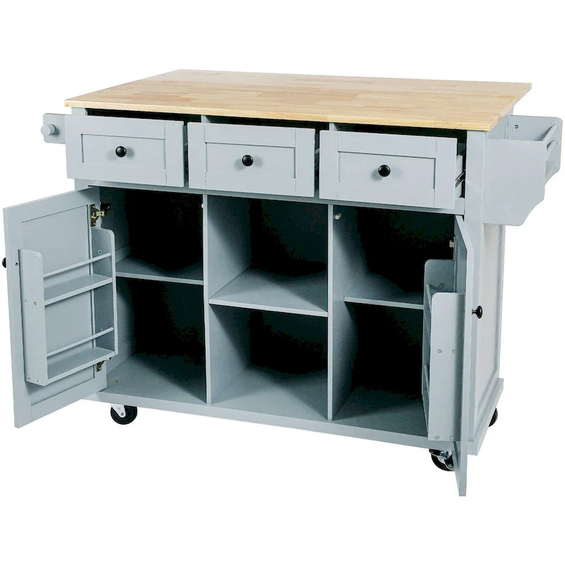Kitchen Cart With Rubber Wood Drop-Leaf Countertop