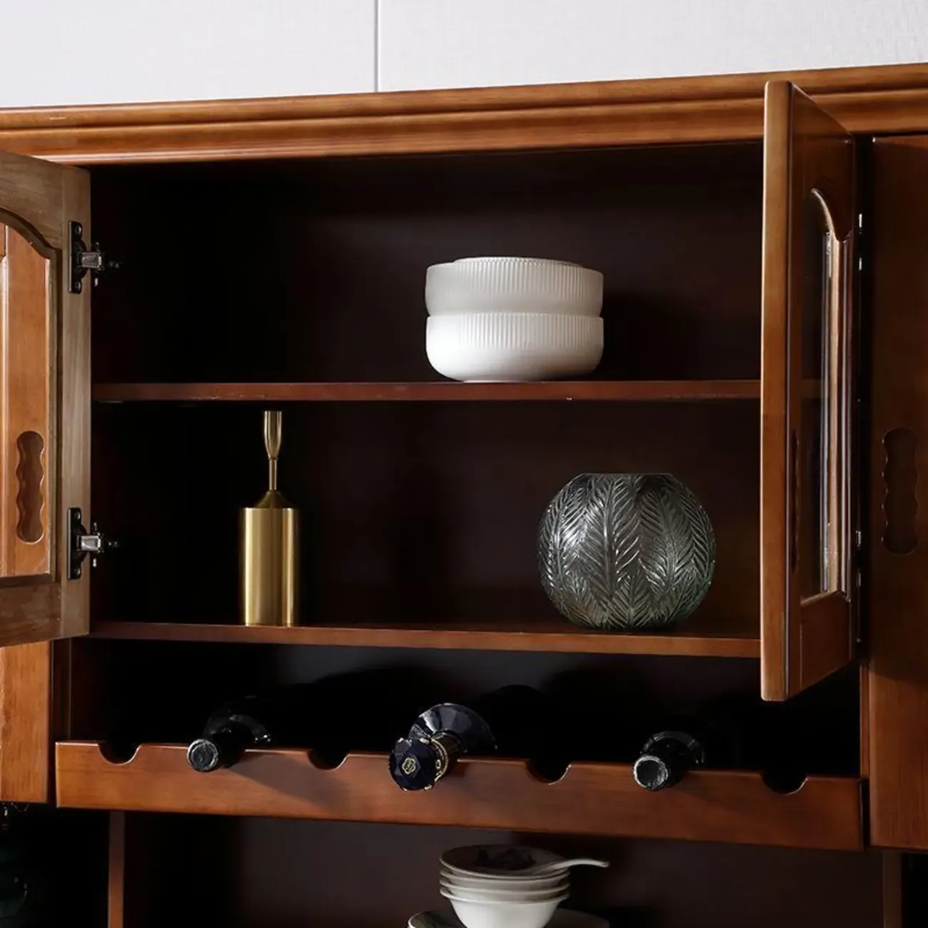 Kitchen Wooden White Cabinet Sideboard Built-in Wine Rack