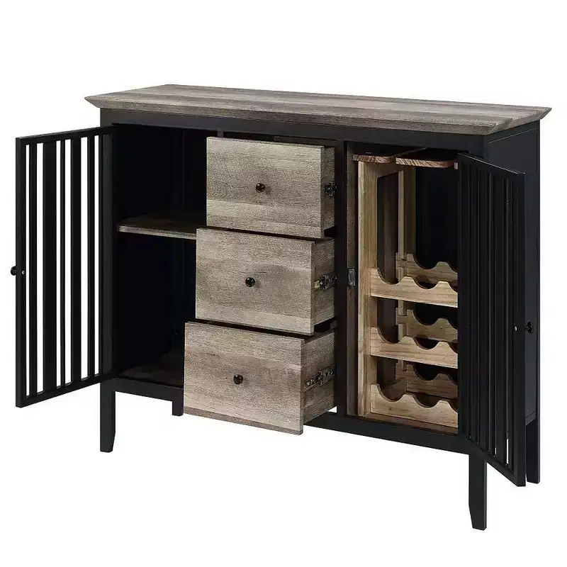 Royal Hampton 47 Inch Sideboard Buffet, 3 Drawers, Antique Oak Brown and Black
