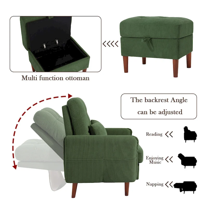 UIXE Modern Lounge Chair Accent Chair and Stroage Ottoman With Adjustable Backrest