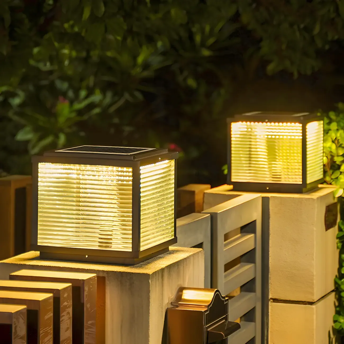 2-Color LED Black Cube Solar Outdoor Post Light