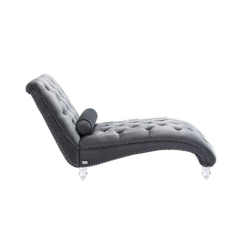 Button-Tufted Upholstered Velvet Recliner Chaise with Pillow and Acrylic Feet