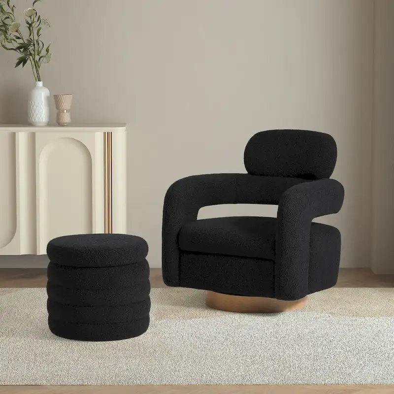 Bayville Sherpa Swivel Chair With Round Storage Ottoman 2-Piece Set