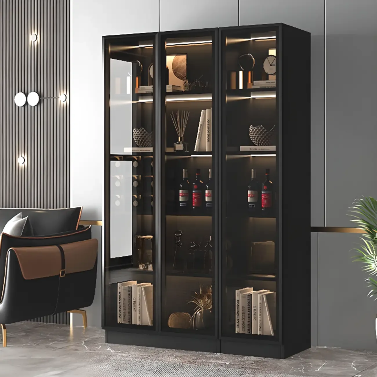Large Modern Black Wood Wine Cabinet with Glass Doors