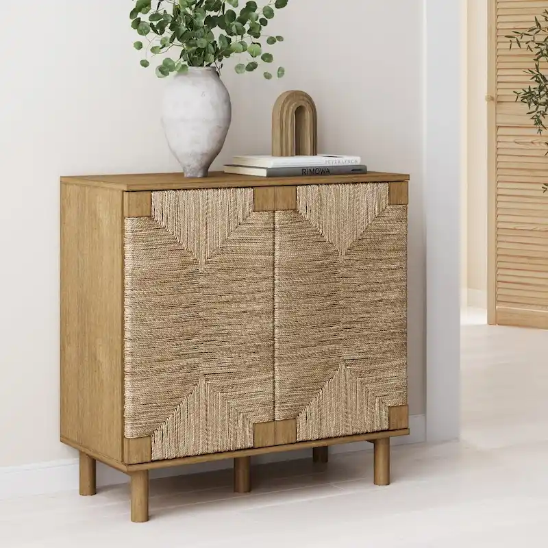 Nathan James Beacon Wood Accent Cabinet with Seagrass Doors and Adjustable Shelf