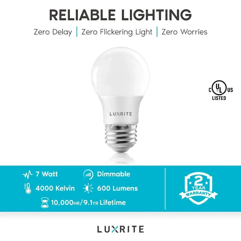 Luxrite A15 LED Light Bulb, 40W Equivalent, Dimmable, 600 Lumens, Enclosed Fixture Rated, Energy Star, E26 Base (4 Pack)