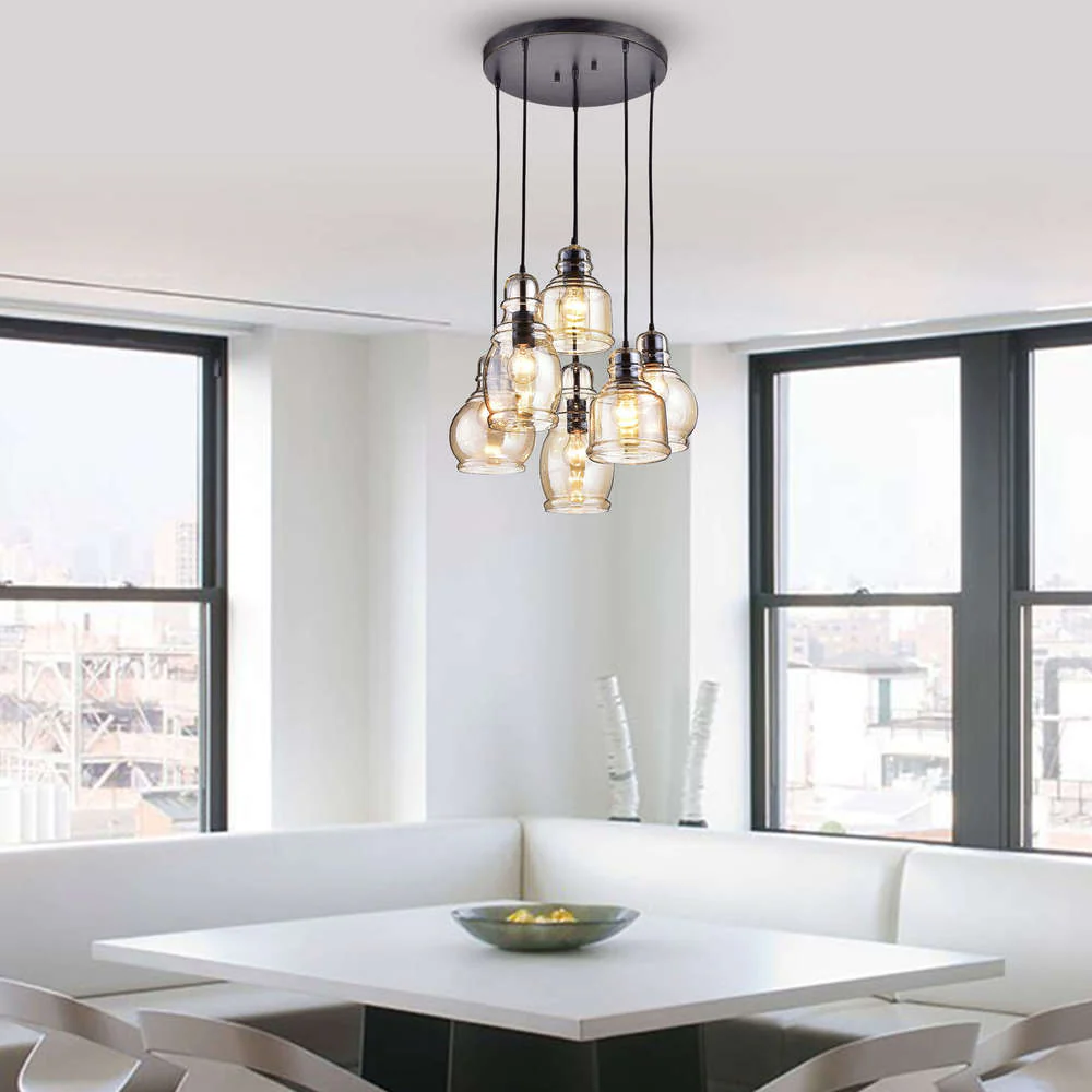 Mariana Cognac Glass Antique Black and Round Base 6-light Pendant