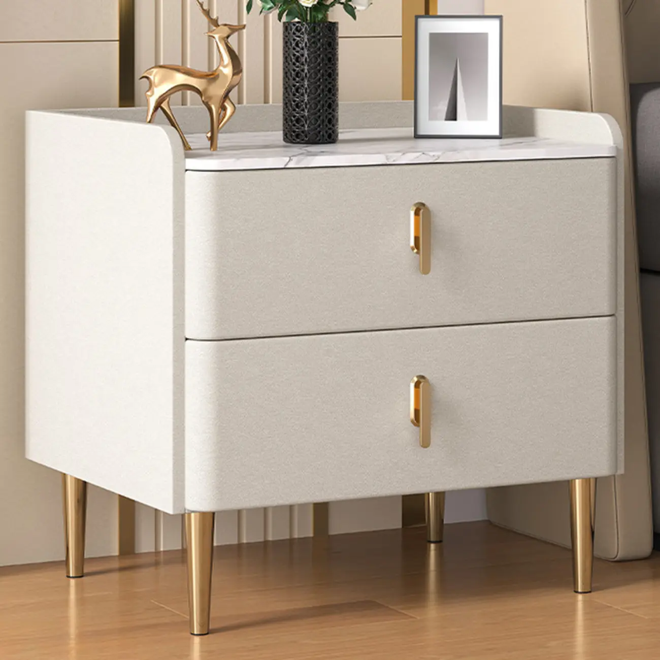 Modern Stone Top Leather Drawers Nightstand with Golden Legs