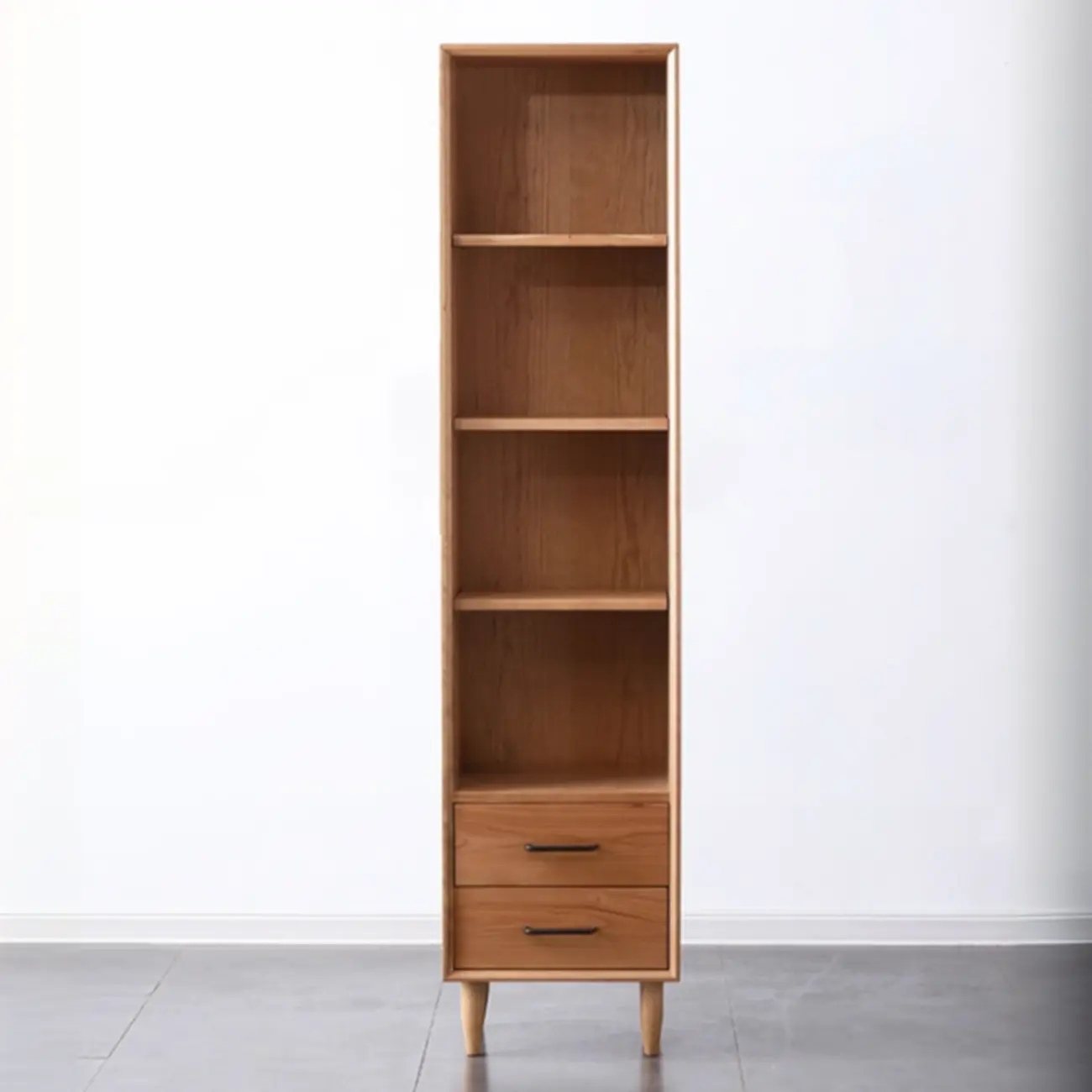 Narrow Modern Natural Wood 2-Drawer Bookcase