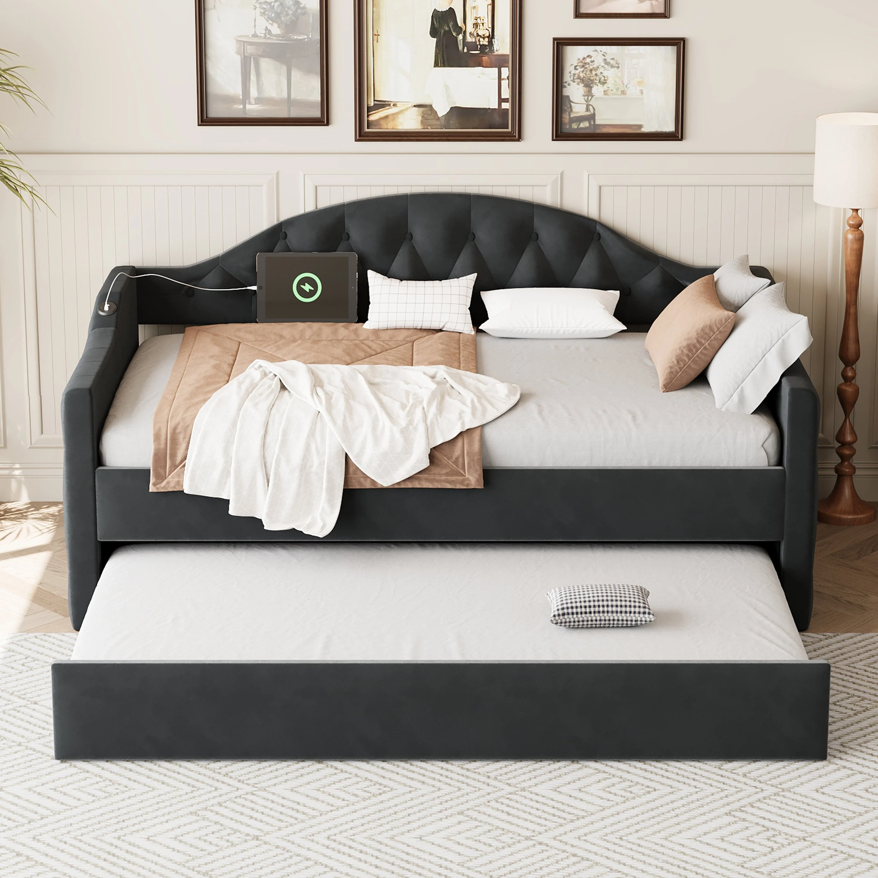 Velvet Tufted Twin Size Daybed with Trundle and USB Ports