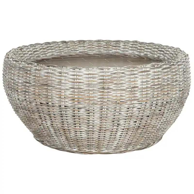 SAFAVIEH Alfia Wood Top Wicker Drum Coffee Table - 35.4 x 35.4 x 15.7 - 35Wx35Dx16H