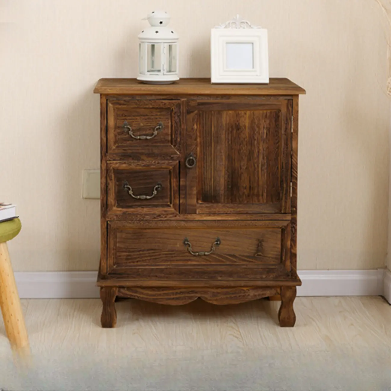 Rustic Wooden Yellow Storage Cabinet with Drawer Rings