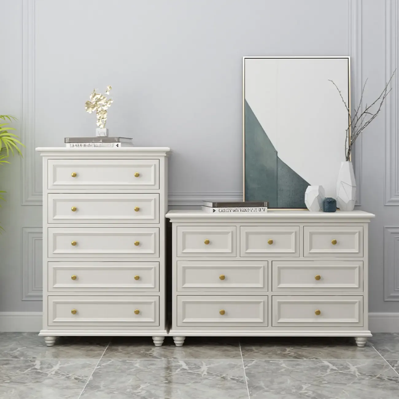 Glam Premium Wood White Bachelor Chest with Gold Handle