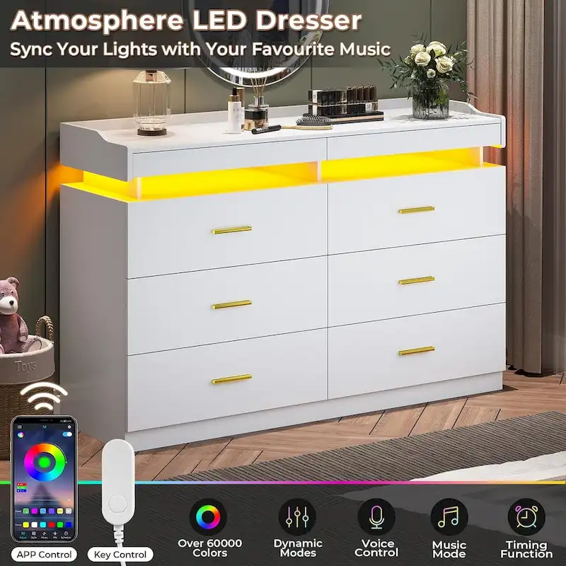 6 Drawer Dresser 2 Pull-Out Tray LED Light Chest of Drawers