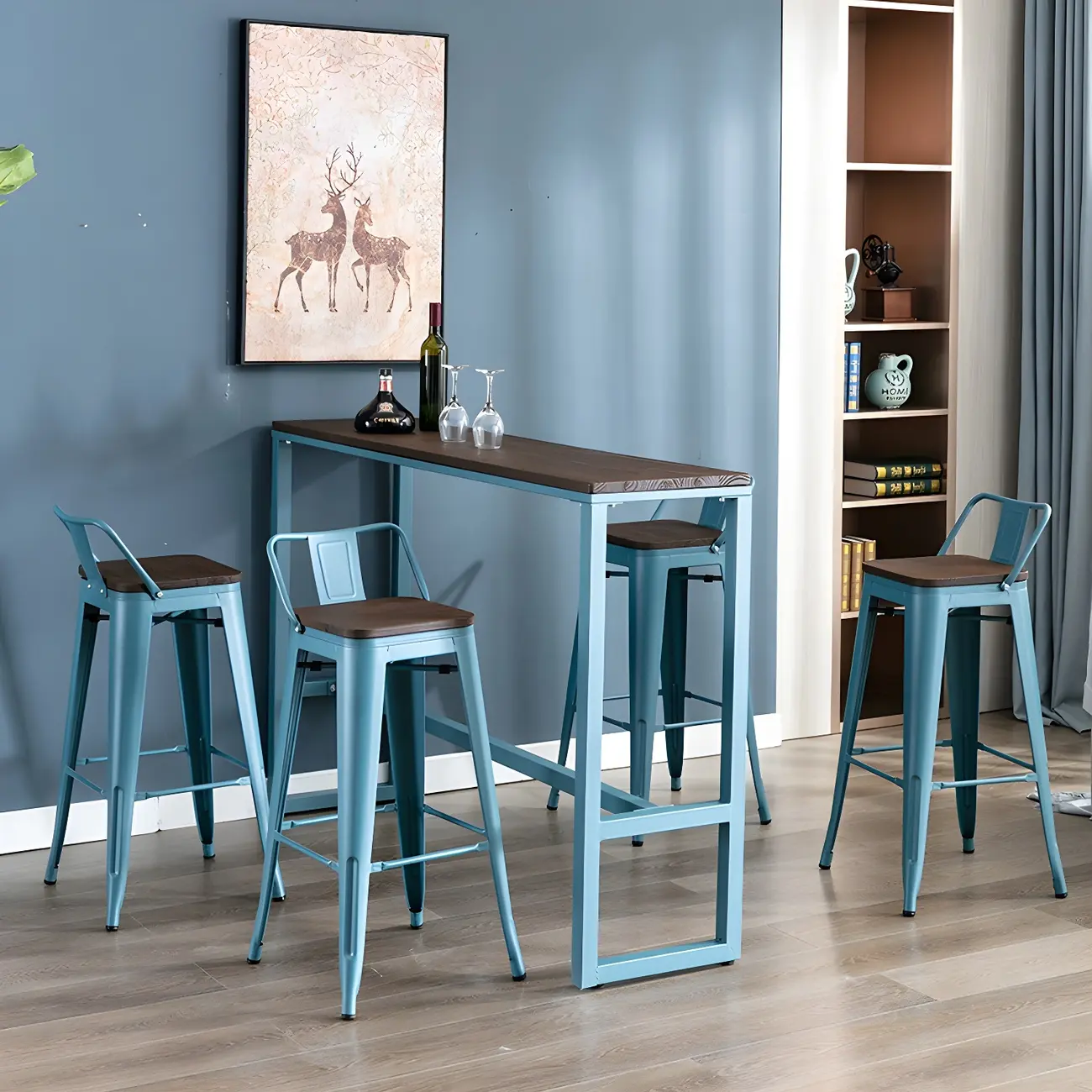 Scandinavian Brown Wood Blue Metal Footrest Bar Tables