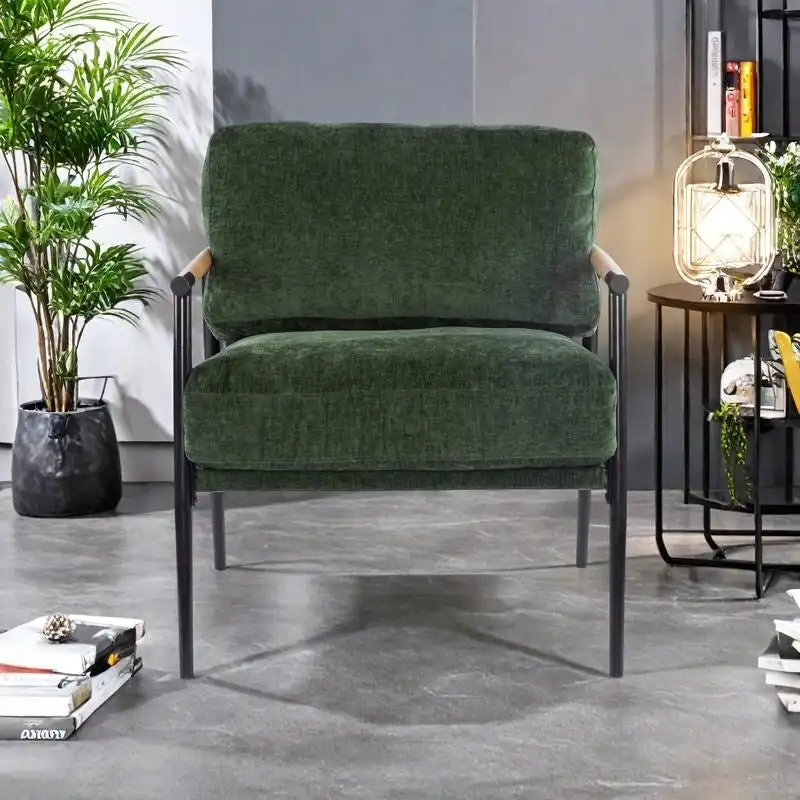 Polyester Accent Chair with Metal Frame & Wooden Armrests