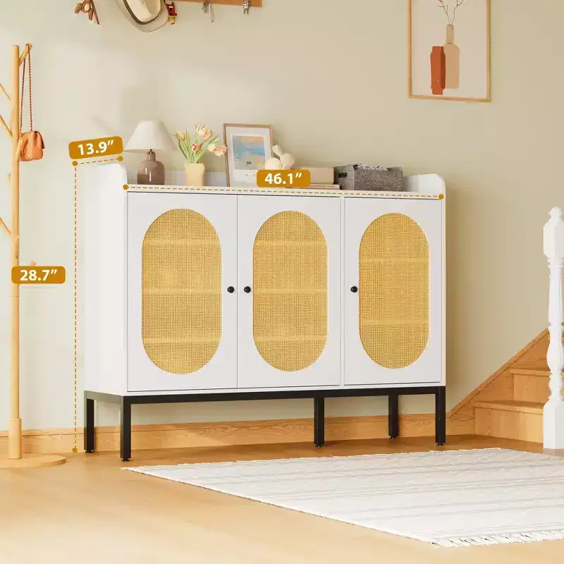 TruAIR White 6-Tier Shoe Cabinet with 3 Rattan Doors (46.1W x 13.9D x 28.7H) - Freestanding Entryway & Living Room Organizer