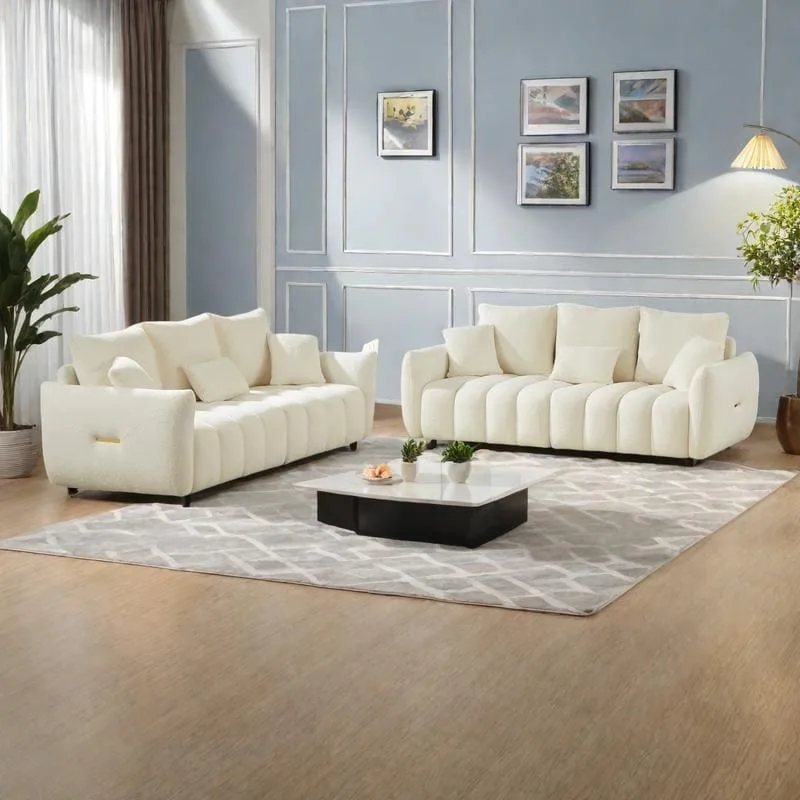 2-Pieces 6-Seat Teddy Fabric Sectional Sofa Set (3+3) with Wooden Frame & 6 Pillows