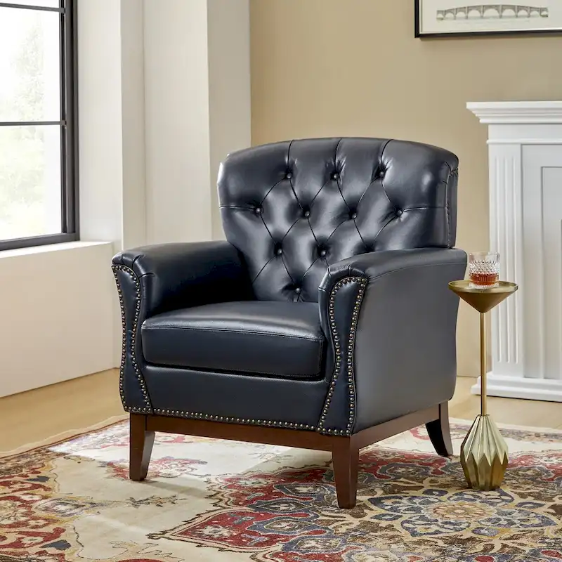 Traditional Genuine Leather Accent Chair with Tufted Wing Back
