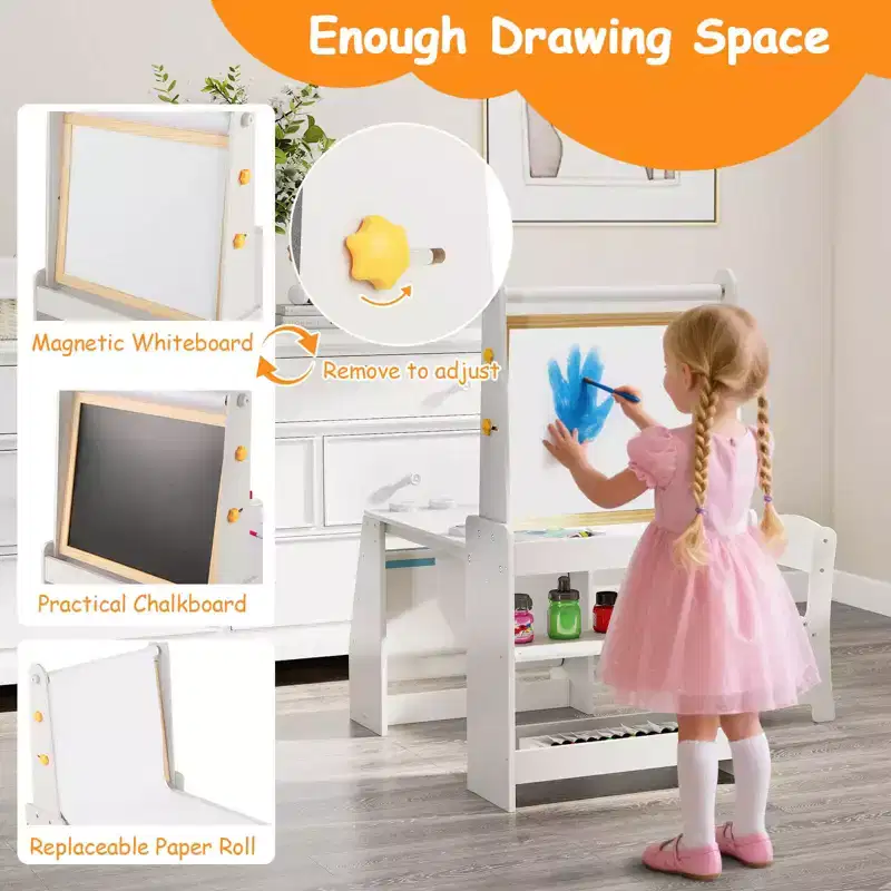 Costway Kids Art Table and Chair Set with Easel & Chair Whiteboard & Chalkboard Paper Roll