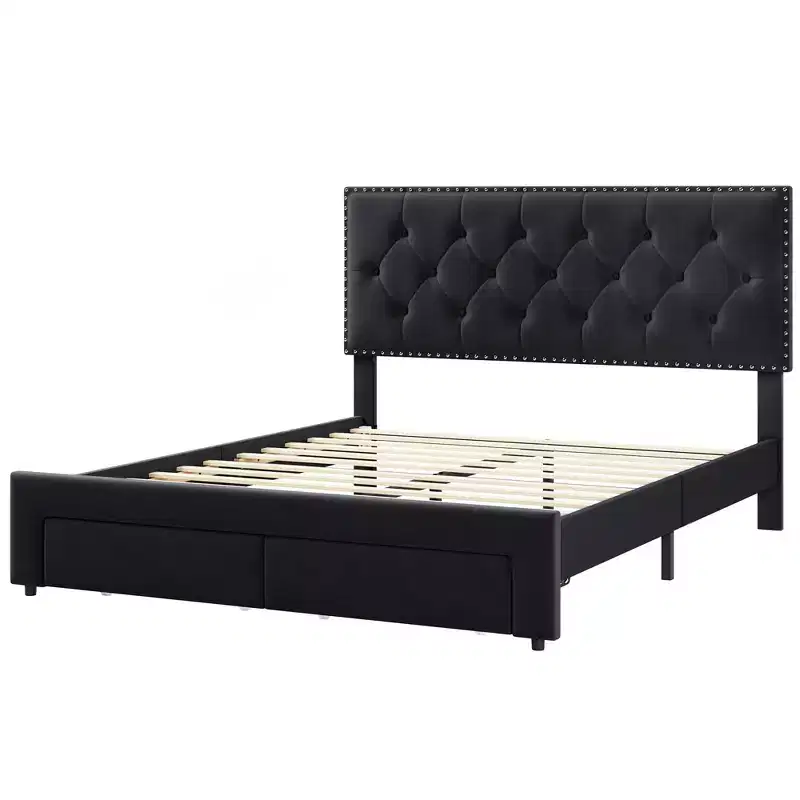 Black / White Velvet Headboard Bed Frame with 2 Storage Drawers, Full / Queen / King, for 1–2 Adults