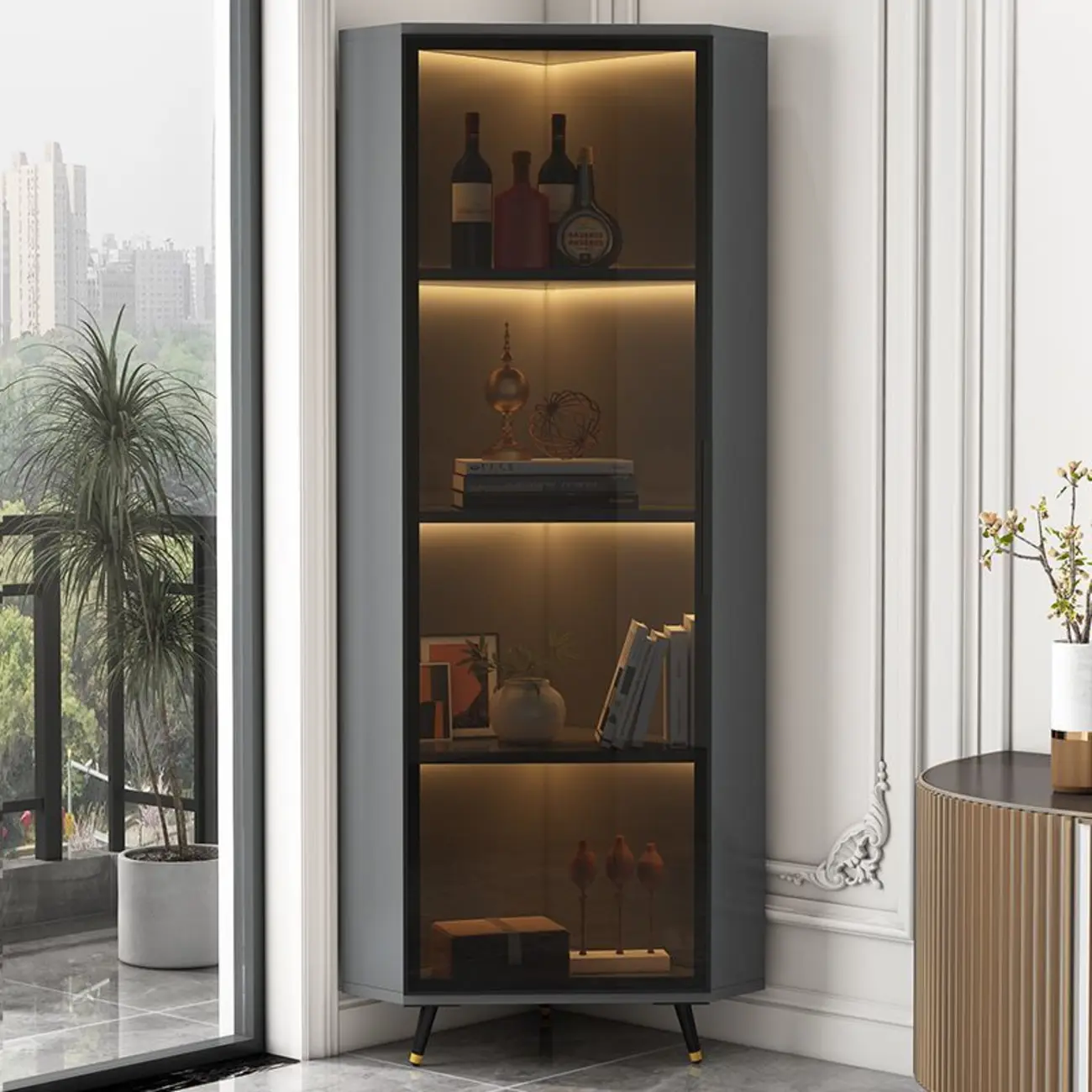 Modern Glam White-Gold Wood Glass Display Cabinet
