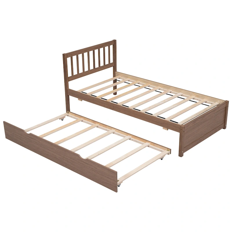 Brown Walnut Twin Bed with Trundle and Fence Headboard