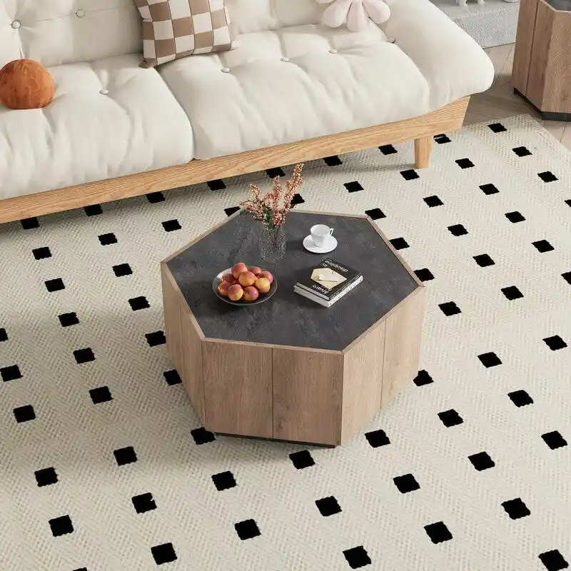 Hexagonal Garden Retro Coffee Table with 2 Drawers