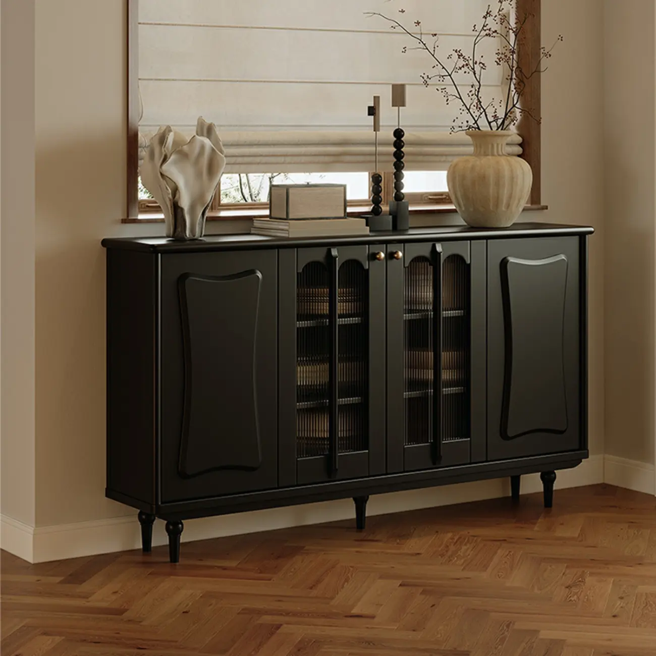 Medieval Style Black Wooden Buffet Table with Shelves