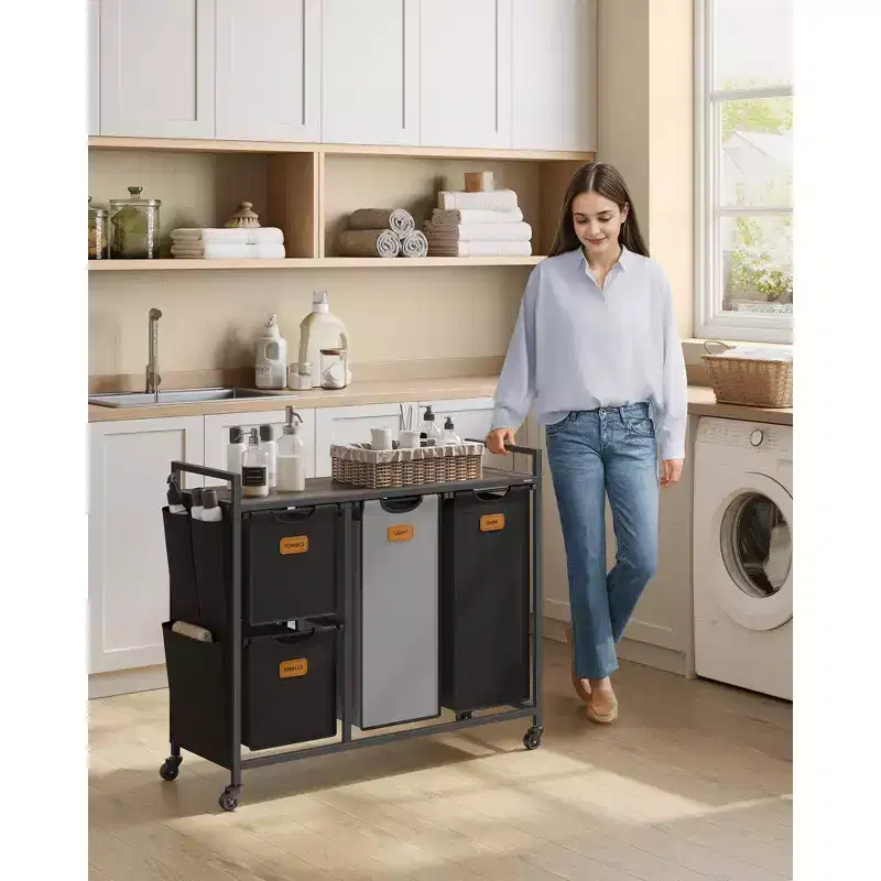 4-Compartment Rolling Laundry Sorter with Shelves, Ink Black & Dove Gray