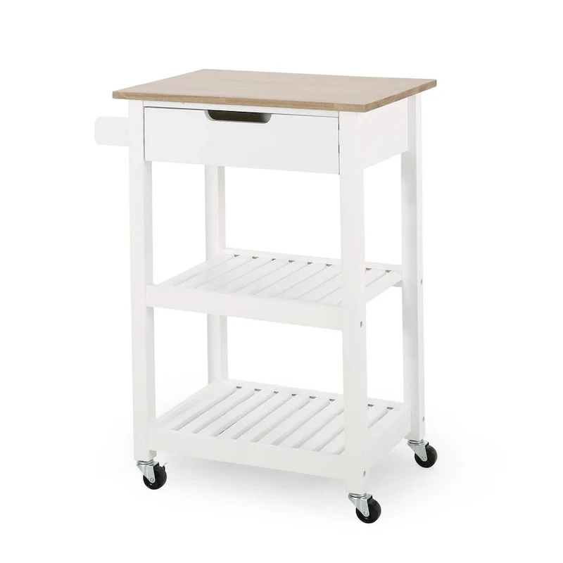Compact Wooden Kitchen Cart with Wheels Shelves and Drawer