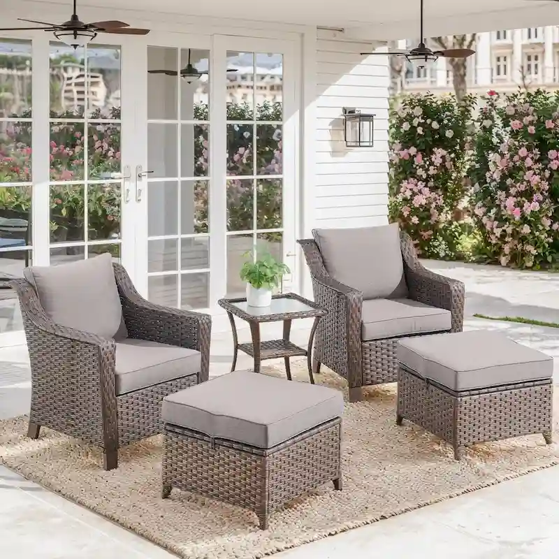 Outdoor Chair and Ottoman Set with Cofee Table - Brown