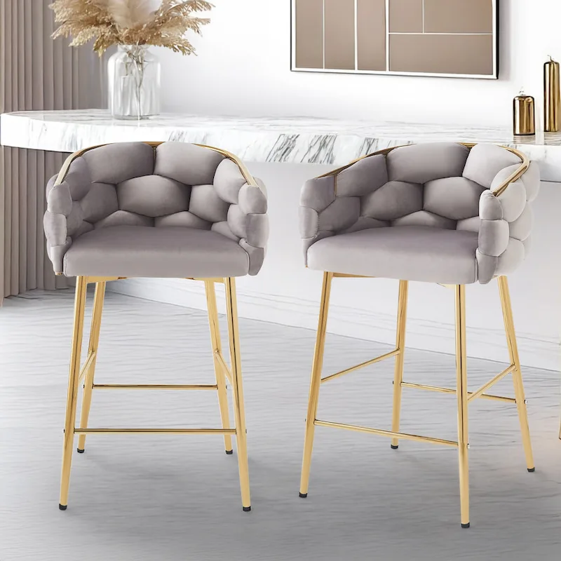 Set of 2 Bar Stools with Velvet Padded Seat and Metal Legs