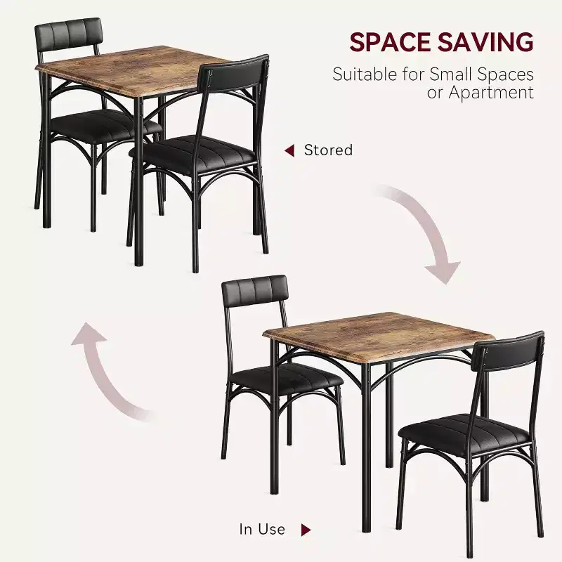 Modern Rustic Square Dining Set, 29.2' L x W 30.1' H Table, 33.7' 18.4' 17' Chairs, 2 Person, Metal & MDF, Easy Assembly, Space-Saving