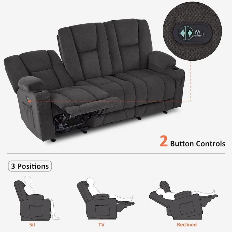 MCombo Electric Power Reclining Sofa with Massage and Lumbar Heat, Fabric 6015/6025/6035/6045