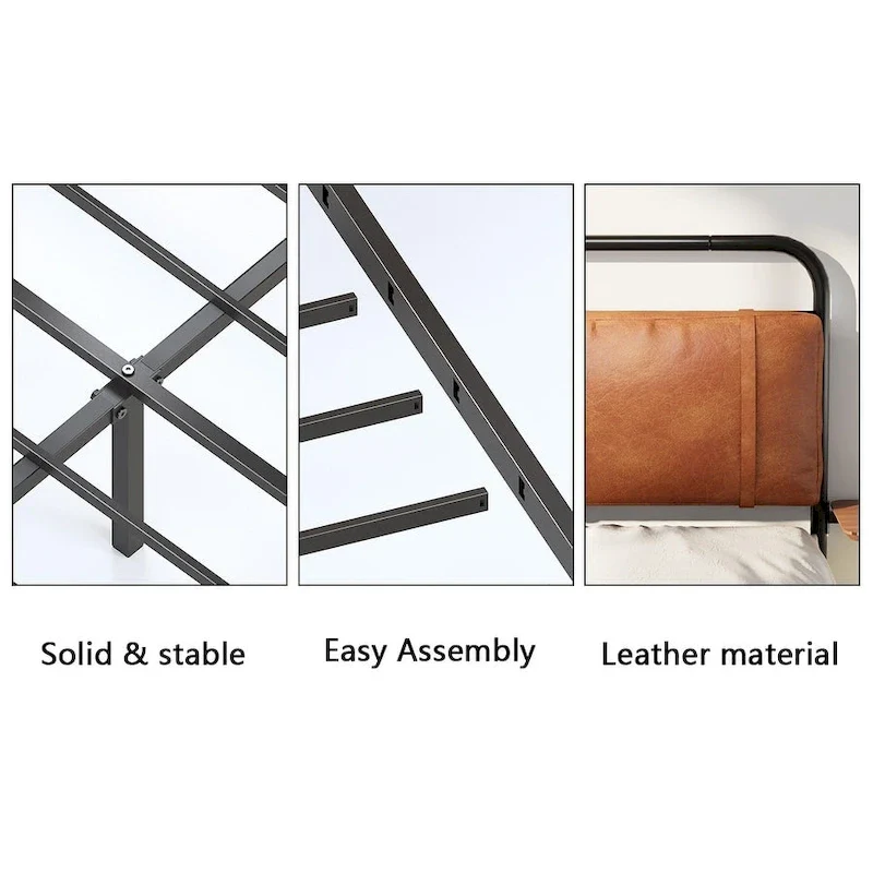 Metal Bed Frame with Upholstered Headboard, Wireless Charging and USB A & USB C & LED Light